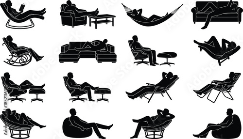 Relaxed people silhouette set flat vector illustration lounging sitting reclining poses modern furniture sofa chair hammock lifestyle comfort leisure interior