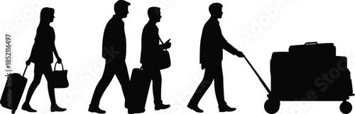 Travel people silhouettes walking with luggage airport journey business and leisure passengers isolated black vector illustration on white background design