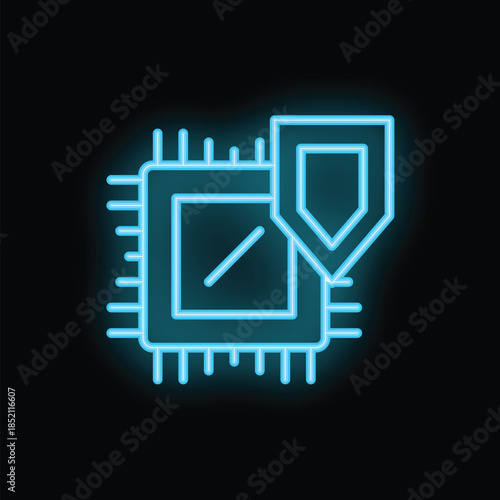 Neon blue icon of a cpu being protected by a shield, representing the concept of cybersecurity and data protection