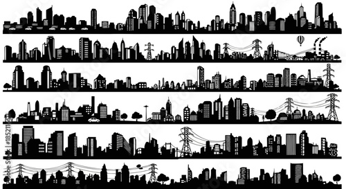 Silhouettes of various city skylines and buildings in a row, showcasing diverse architectural styles and urban landscapes