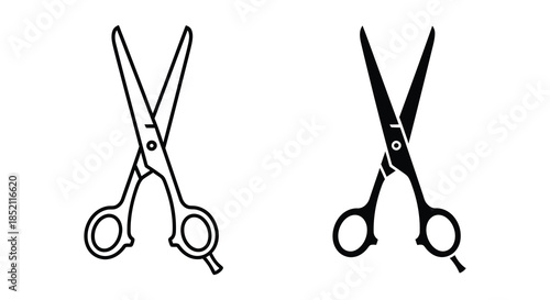 Two pairs of open scissors depicted in a simple black and white outline silhouette