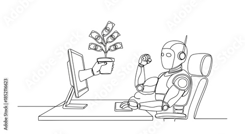 Robot working at a desk with a computer, plant, and headphones, illustration