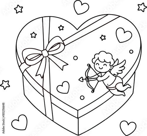 Charming line art of a heart gift box with a bow, featuring a sweet cupid, stars, and floating hearts, perfect for Valentine's Day, love, and romantic celebrations