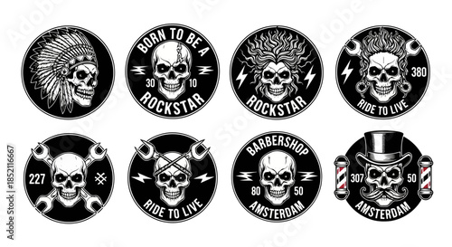 Collection of nine circular stickers featuring skull designs with various rockstar and motorcycle themes