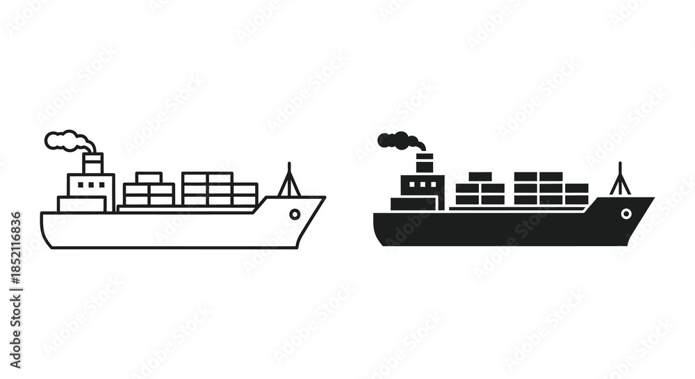 Obraz premium Detailed illustrations of cargo ships showcasing different styles and a dark silhouette