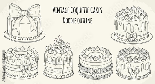 Vintage doodle outline illustrations of colorful cakes with decorations and ribbons