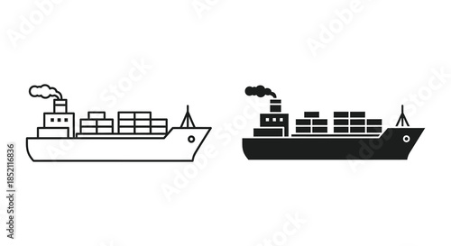Detailed illustrations of cargo ships showcasing different styles and a dark silhouette