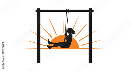 A child on a swing framed by a wooden structure at sunset silhouette