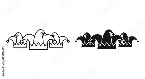 Three jesters in black and white showcasing playful designs and a striking silhouette