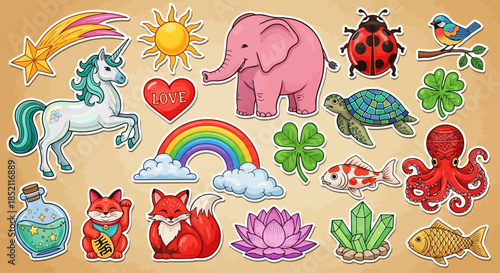 Colorful cartoon illustrations of animals, plants, and fantasy creatures including unicorns, elephants, ladybugs, and more