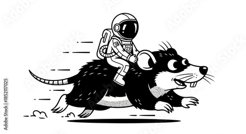 Astronaut riding a rat through space, black and white illustration