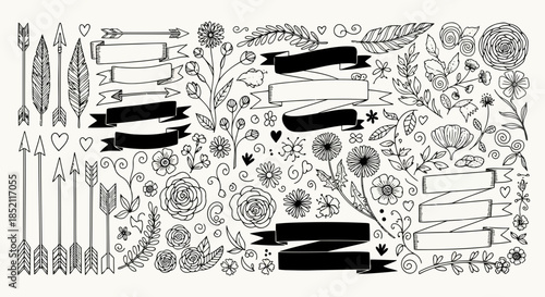 Intricate black and white illustration featuring arrows, leaves, flowers, and various nature elements in a detailed pattern