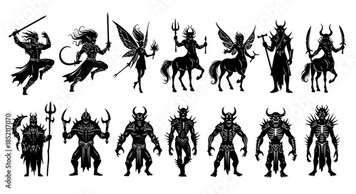 Collection of mythical and fantasy creatures with dark and ominous designs, including demons, devils, and other supernatural beings