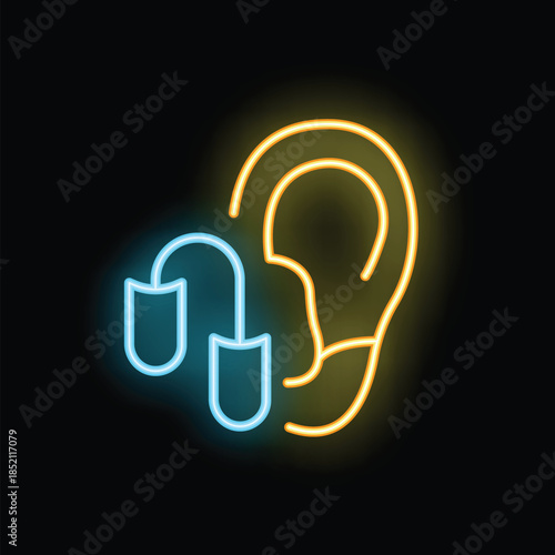 Neon sign illustrating hearing aid placed in ear, representing concept of hearing loss and assistive devices for deaf people