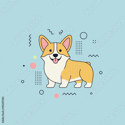 Adorable Corgi Illustration with Playful Geometric Background.