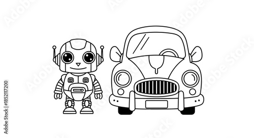 Cute robot standing next to a classic car, both in a simple black and white line drawing style