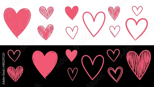 Colorful Doodle Heart Vector Illustration Collection on Black and White Background