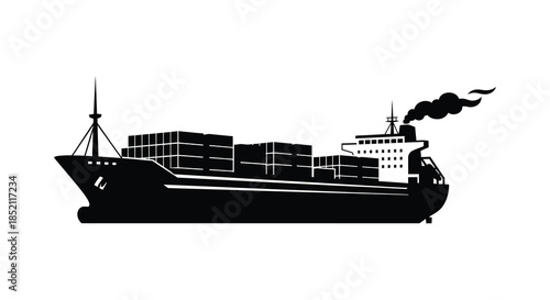 Detailed cargo ship illustration with stacked containers and a smokestack a striking silhouette