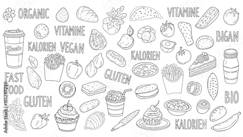 Doodle Food Vector Illustration Set with Healthy and Fast Food Items