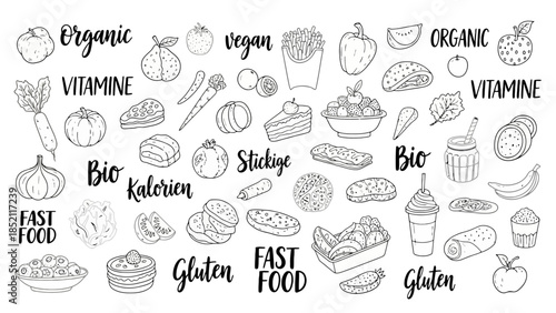 Doodle Food Vector Illustration Set with Organic and Fast Food Items