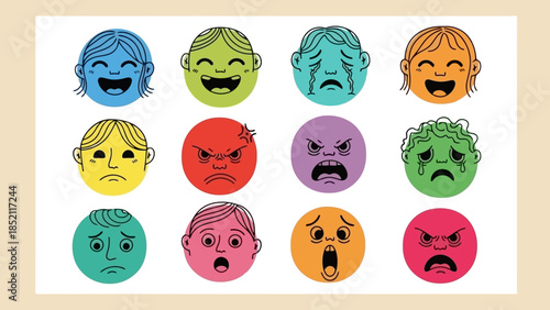 Colorful Doodle Faces Vector Illustration Set