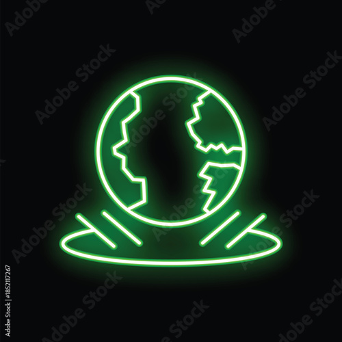 Green neon icon of planet earth rising from a portal, suggesting teleportation, interdimensional travel, or global connectivity