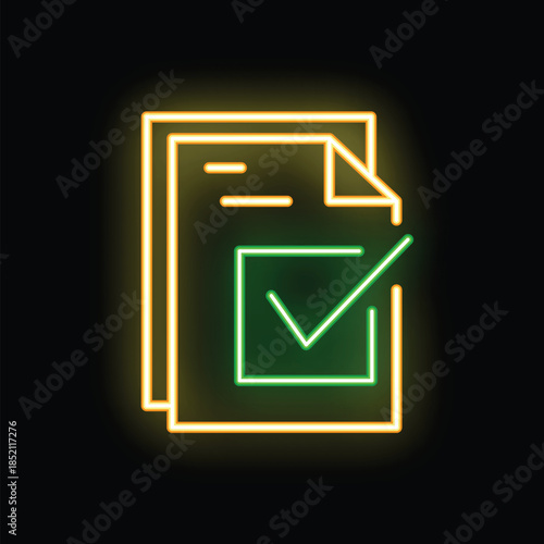 Neon glowing icon of a stack of documents with a green check mark, symbolizing completed tasks or successful agreements