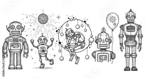 A group of robots in various playful and scientific poses with floating atoms and molecules around them