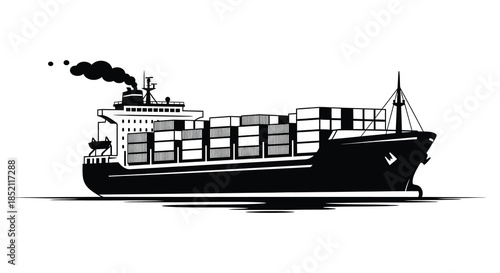 Detailed cargo ship illustration with stacked containers and smokestack a striking silhouette