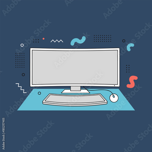 Illustration of a computer setup with monitor, keyboard, and mouse.