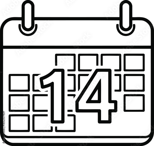 Illustrative line art icon of a calendar page highlighting the fourteenth day, perfect for scheduling, time management, and event planning applications