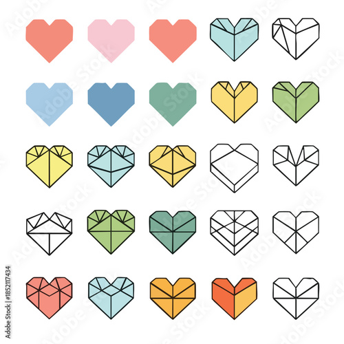 Collection of colorful heart and diamond shapes in various colors and line art styles on a white background.