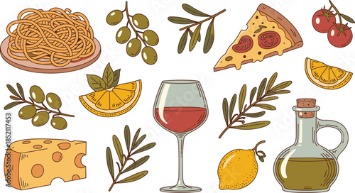 Italian Food Illustration Set with Pasta Pizza Cheese Olive Oil Wine and Mediterranean Ingredients Vector Design