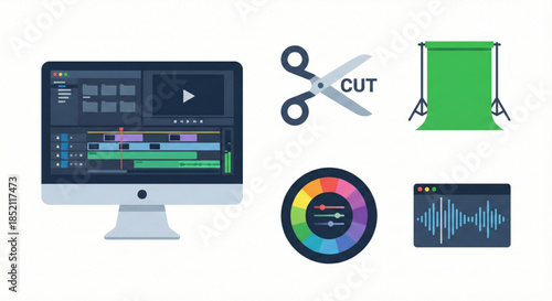 Video editing workflow icons featuring computer, scissors, and color grading