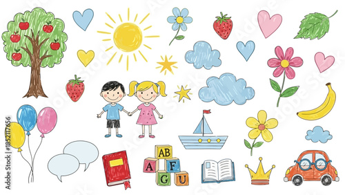 Colorful Children's Drawing Vector Illustration Set