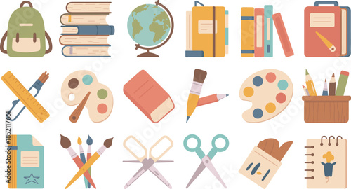 School and Art Supplies Illustration Set Books Backpack Globe Paint Palette Vector
