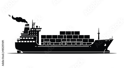 A striking black silhouette of a large cargo ship sailing on calm waters silhouette