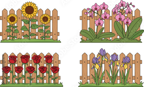Floral garden fence set featuring blooming sunflowers pink orchids red roses and purple iris flowers against wooden picket fences isolated on white.