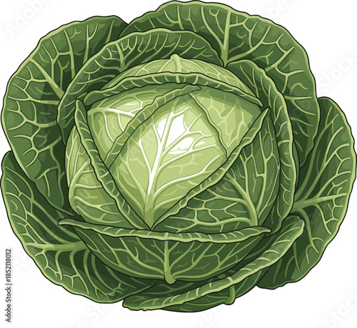 Detailed green cabbage head illustration featuring fresh vegetable leaves with realistic textures isolated on white background in flat vector art style.