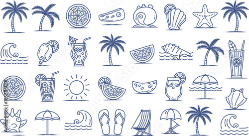 Summer Beach Icons Set Palm Trees Seashells Waves Sun Umbrella Vacation Vector