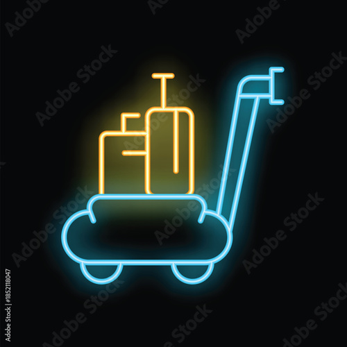Glowing neon icon of a luggage cart carrying suitcases, symbolizing travel, tourism, and the hospitality industry