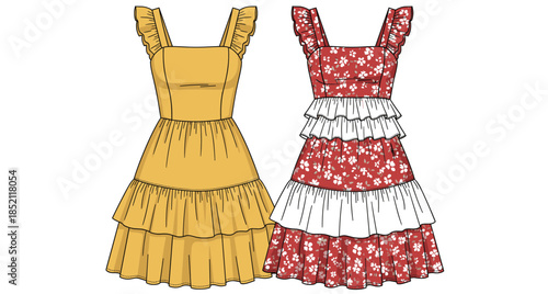 PrintFashionable women summer tiered dress set featuring solid mustard yellow and red floral ruffle sleeve designs isolated on white background flat vector.