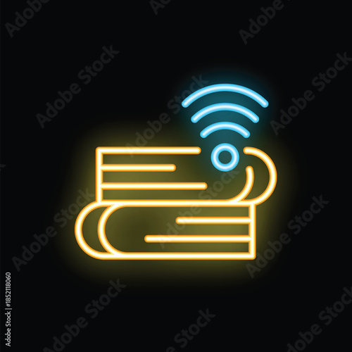 Neon sign illustrating the concept of digital library with a wifi signal over books