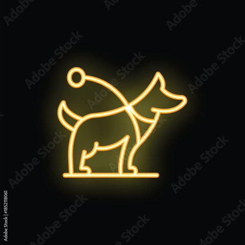 Bright yellow neon glowing icon of a dog walking on a leash