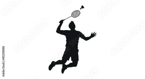 A dynamic badminton player in mid air swing captured as a striking black silhouette