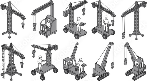 Construction Crane and Hoist Line Icons Set – Industrial Lifting Equipment, Mobile Cranes and Winch Vectors