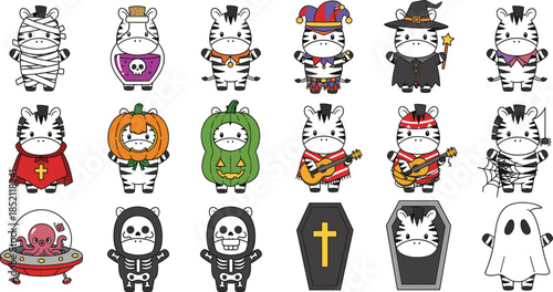 Halloween baby zebra character set featuring cute zebras in costumes like mummy witch vampire ghost pumpkin skeleton and jester isolated on white background.