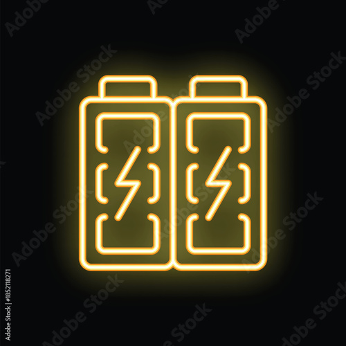 Neon yellow batteries with energy symbol glowing on black background representing renewable energy and power supply