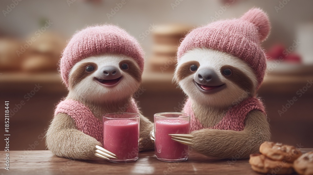 Naklejka premium Two cute sloths wearing pink beanies and sweaters, happily drinking pink beverages