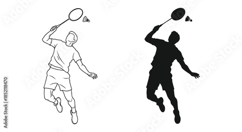 Two badminton players in action one detailed and one presented as a striking silhouette